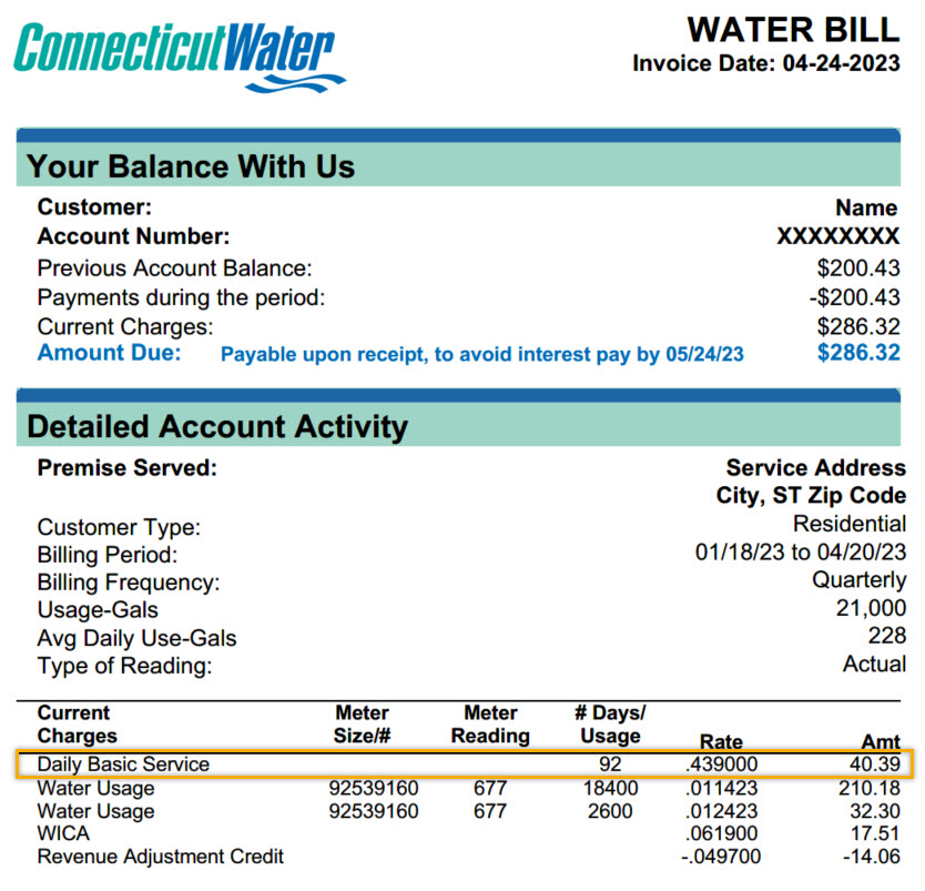 sample water bill with daily basic service charge highlighted